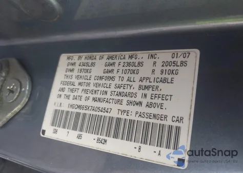 2007 Honda Accord 3.0 Ex z USA, uszkodzony, nr VIN 1HGCM665X7A054547